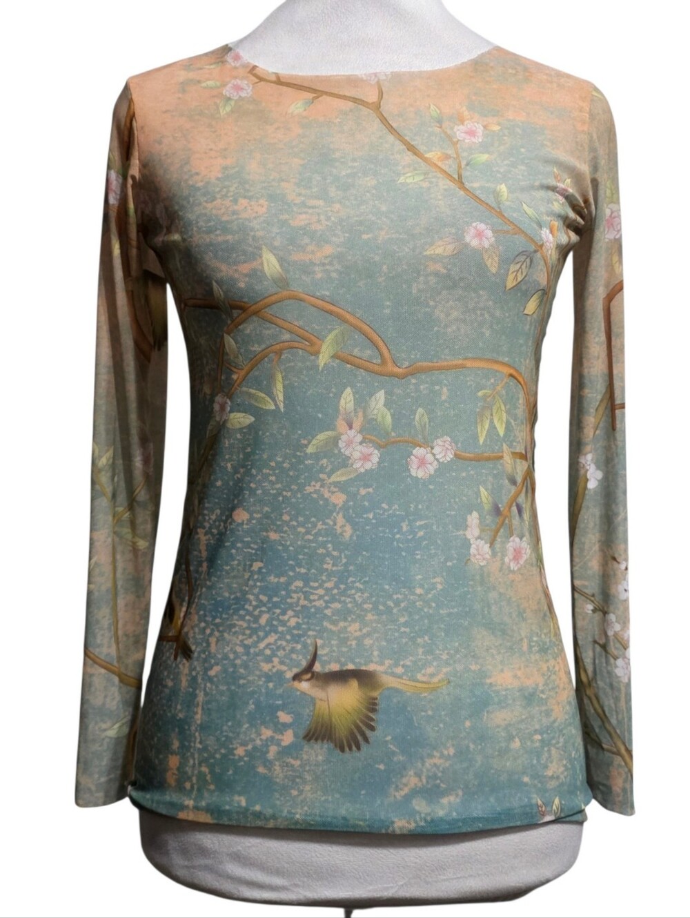 La Piel AMB Nude Mesh T Japanese Garden Bird Cherry Blossom Sheer Long Sleeve M